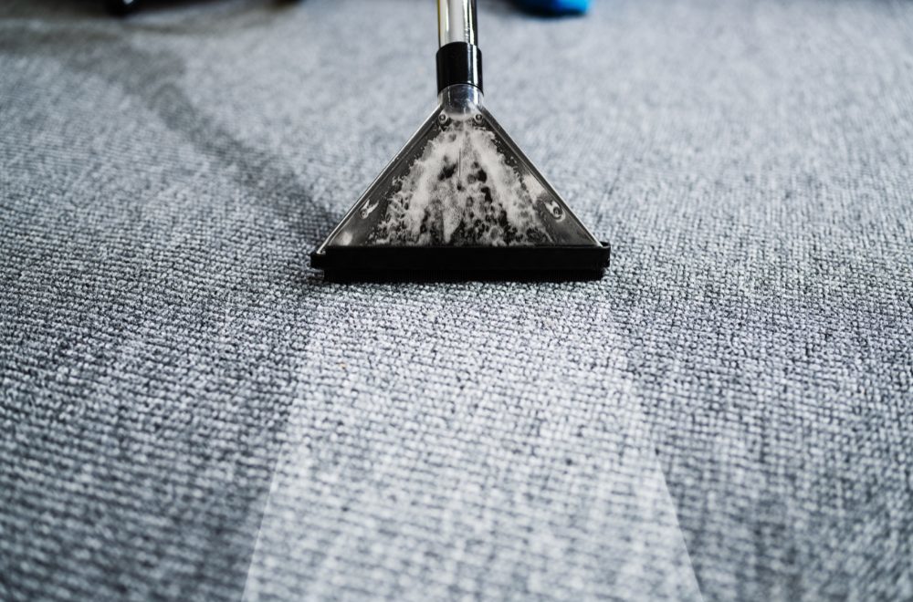 Technician from a carpet cleaning company cleaning a gray carpet